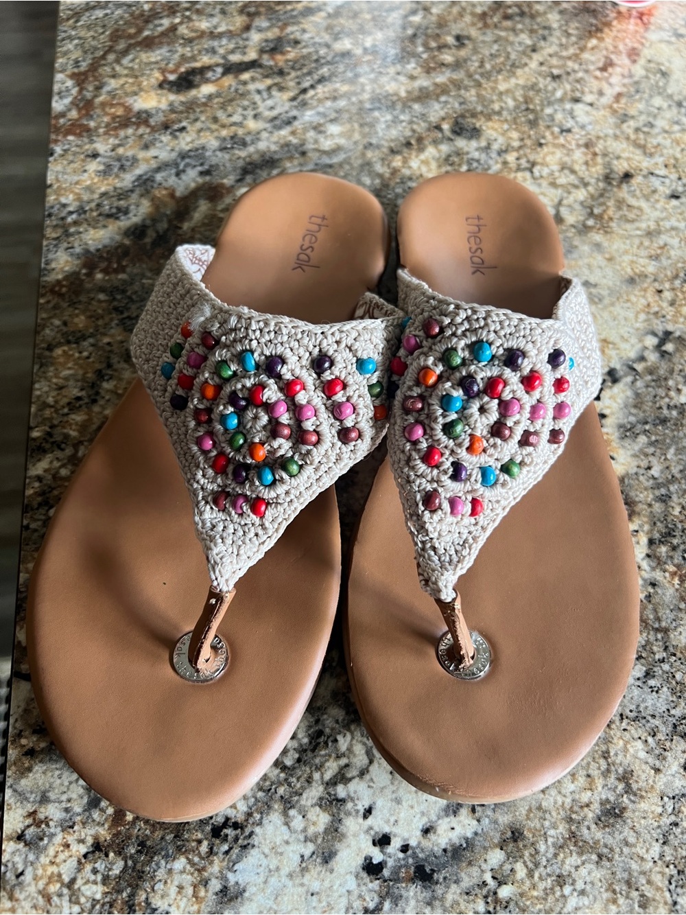 The Sak Beige Crochet Thong Sandals with Multicolor Beads